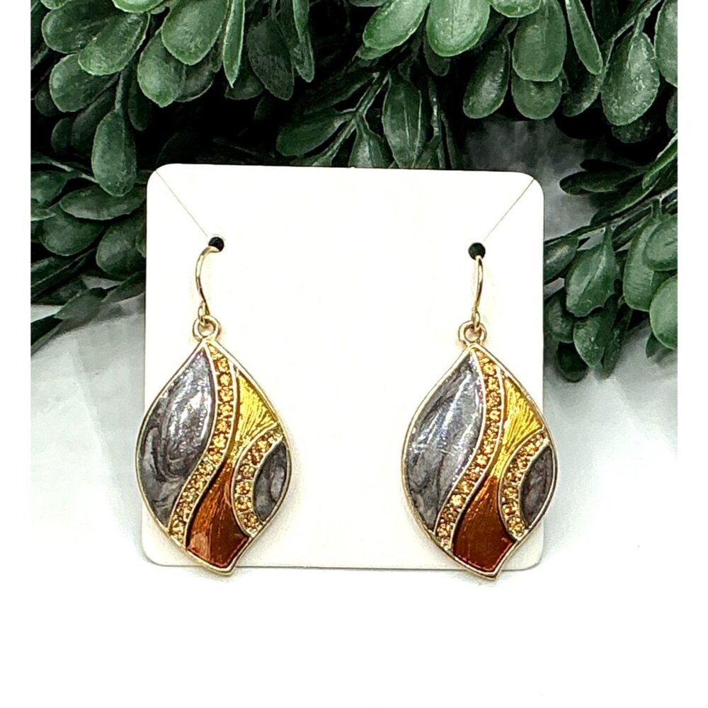 Artisan Leaf Design Two Tone Dangle Earrings With Rhinestone Accents